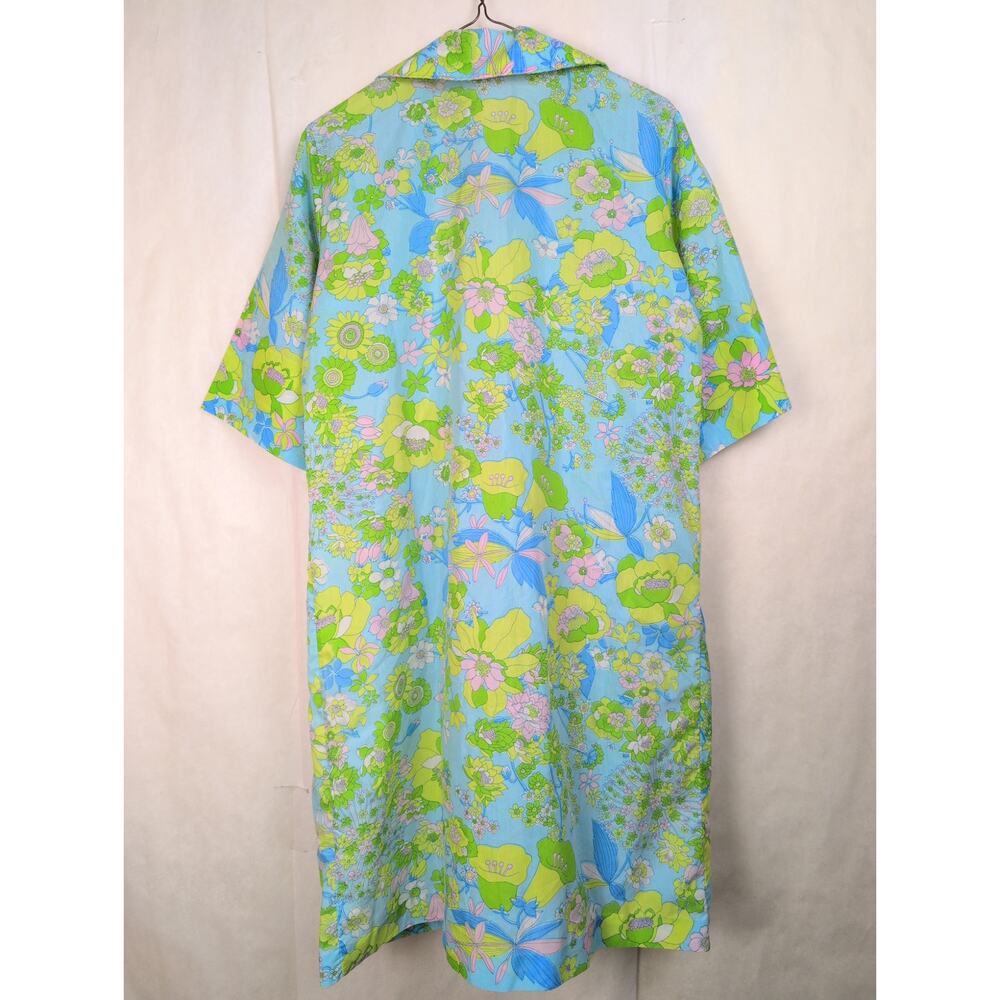 Vintage green floral print chore pocket shirt dress Size Large 60s Retro Mod - Picture 2 of 6